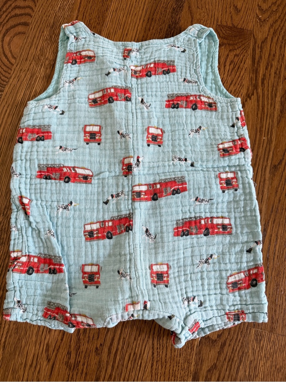 Angel Dear Light Blue Muslin Romper with Red Fire Truck Print